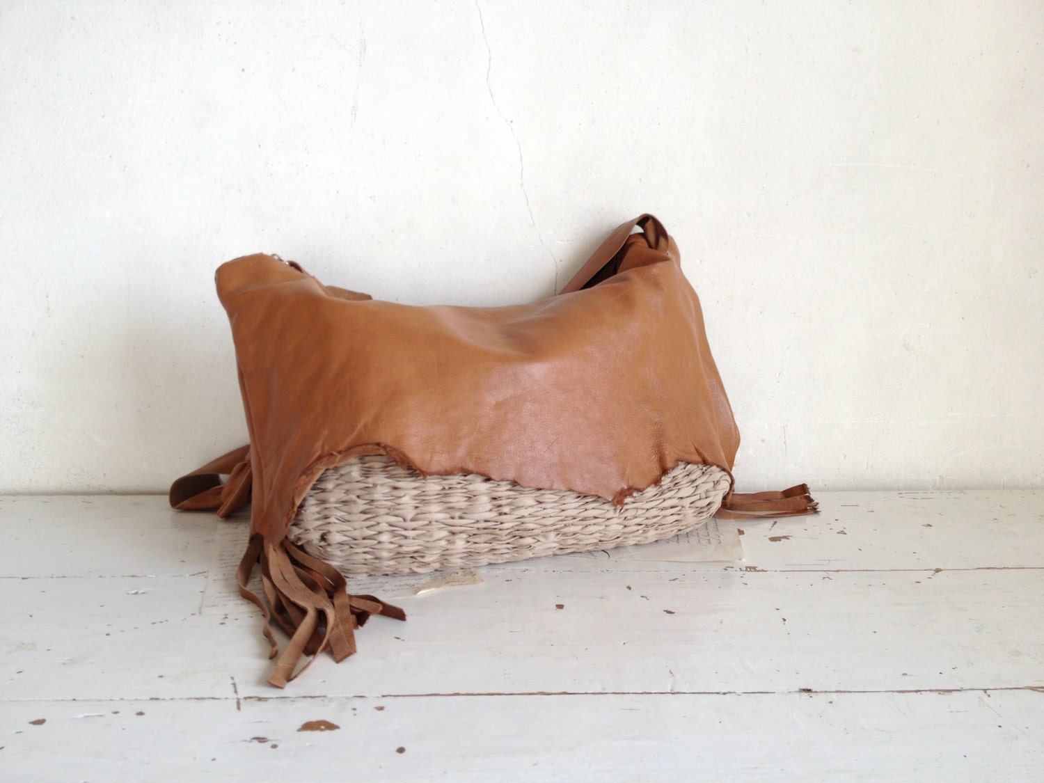 Leather Bag in Brown Caramel  with Handweave and Tassels .  Made to Order. Available in Sea Green and Nutmeg also.
