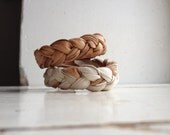 Caramel and White Leather Bracelet Cuffs in Braided Leather and Beading. Set of Two.