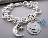 Mothers Day Gift, Love you to the Moon and Back, Personalized Charm Bracelet, Sterling Silver, Hand Stamped ONE Name Bracelet & Heart