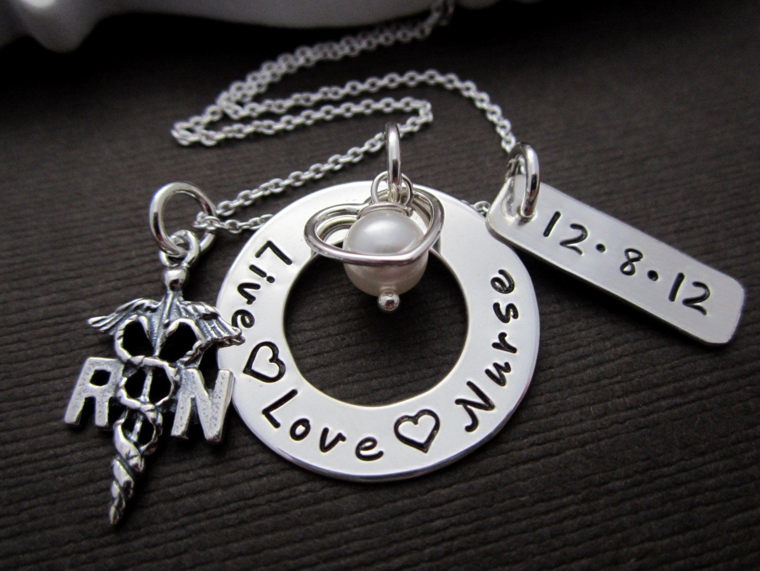 RN/ LPN Caring Nurse Charm Necklace, Live Love Nurse Jewelry Necklaces Hand Stamped Gift w/ Necklace in Sterling RN Charm Birthstone & Heart