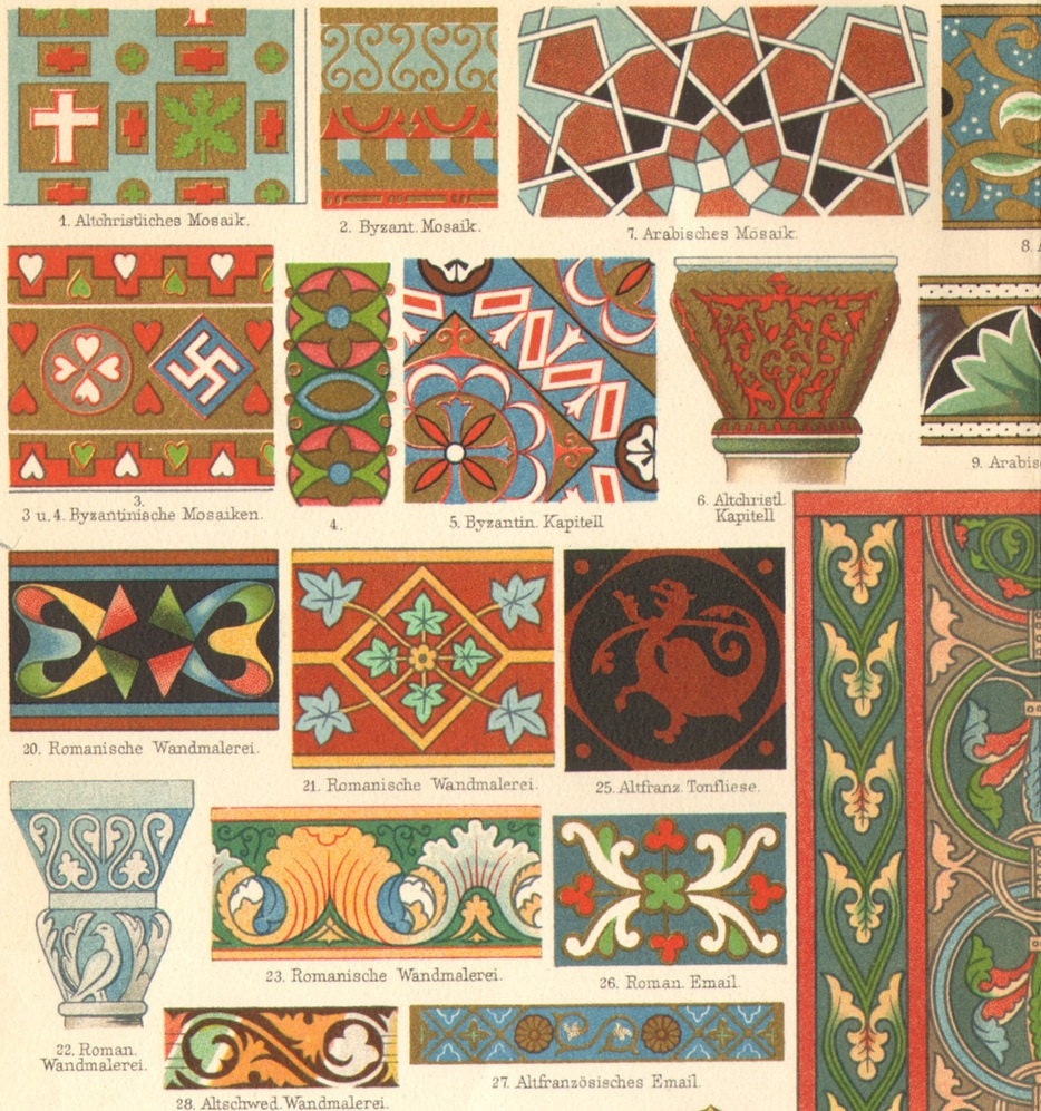 1904 Ornaments of the Middle Ages, Byzantin, Roman, Gothic Original Antique Chromolithograph
