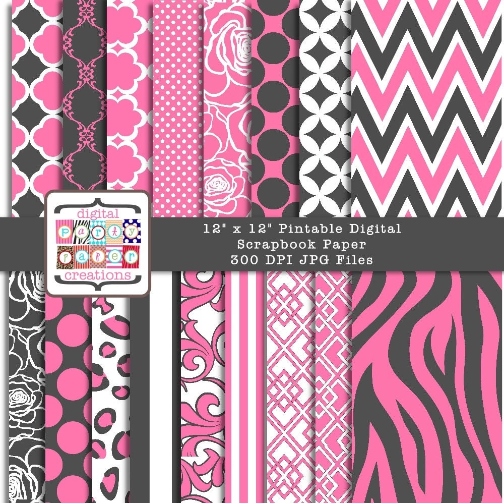 Digital Paper Pack - Zebra Print, Chevron, Quatrefoil, Dots, Floral INSTANT DOWNLOAD Il_170x135
