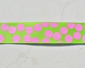 Pink sparkly silly dots printed on lime green 7/8"  grosgrain ribbon- Gorgeous in person