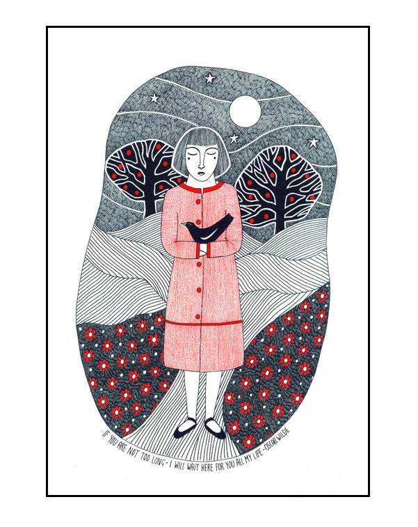 10" x 8" Art Illustration Print Stylised Narrative Drawing Woman With Black Bird Black White Red Pen And Ink Art  Detailed Quotation