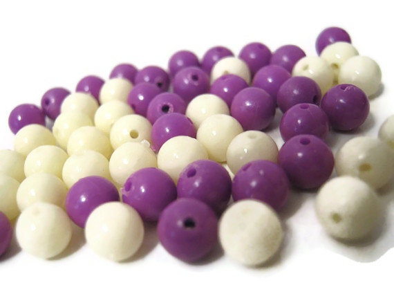 6mm Round Off White and Purple Vintage Plastic Beads 60 Pcs