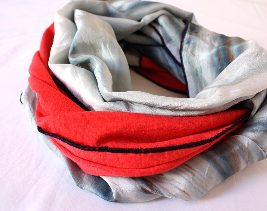 Silk Snood Circle Scarf -  Hand painted Silk and Peach Merino wool