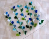 Fused Glass Plate, Blooming Branches in Blue, Turquoise, and White