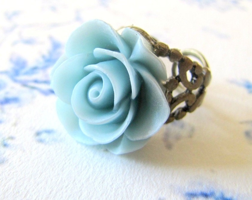 Vintage Style Flower Ring Victorian Ring Blue Adjustable Ring Wedding Bridesmaid Maid of Honor