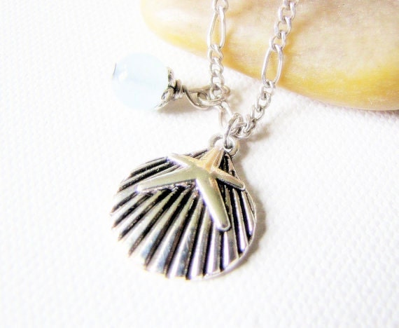 Silver Clamshell Starfish Necklace Starfish Charm Necklace Summer Jewelry beach wear
