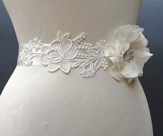 Bridal Sash, Ivory Bridal Sash, Lace Bridal Sash, Floral Bridal Sash, Beaded Bridal Sash, Bridal Belt