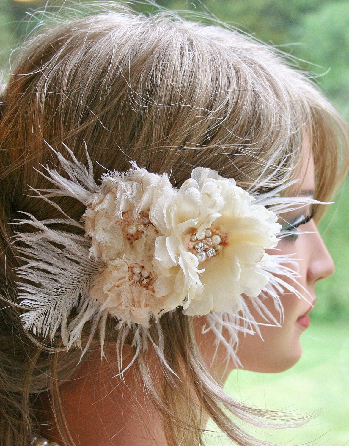 Champagne Bridal Fascinator Hair Accessory, Wedding Head Piece, Champagne Bridal Hair Flower, Pearl, Crystal, Flapper Style