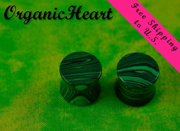 Malachite Ear Plugs 7/8" (22mm) Organic Handmade Hand Carved Stone Body Jewelry Piercing Earrings 7/8 Inch