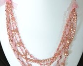 Rose Peach Pearls, Ribbon and Chain Multi Strand Necklace, Copper and Genuine Swarovski Pearls