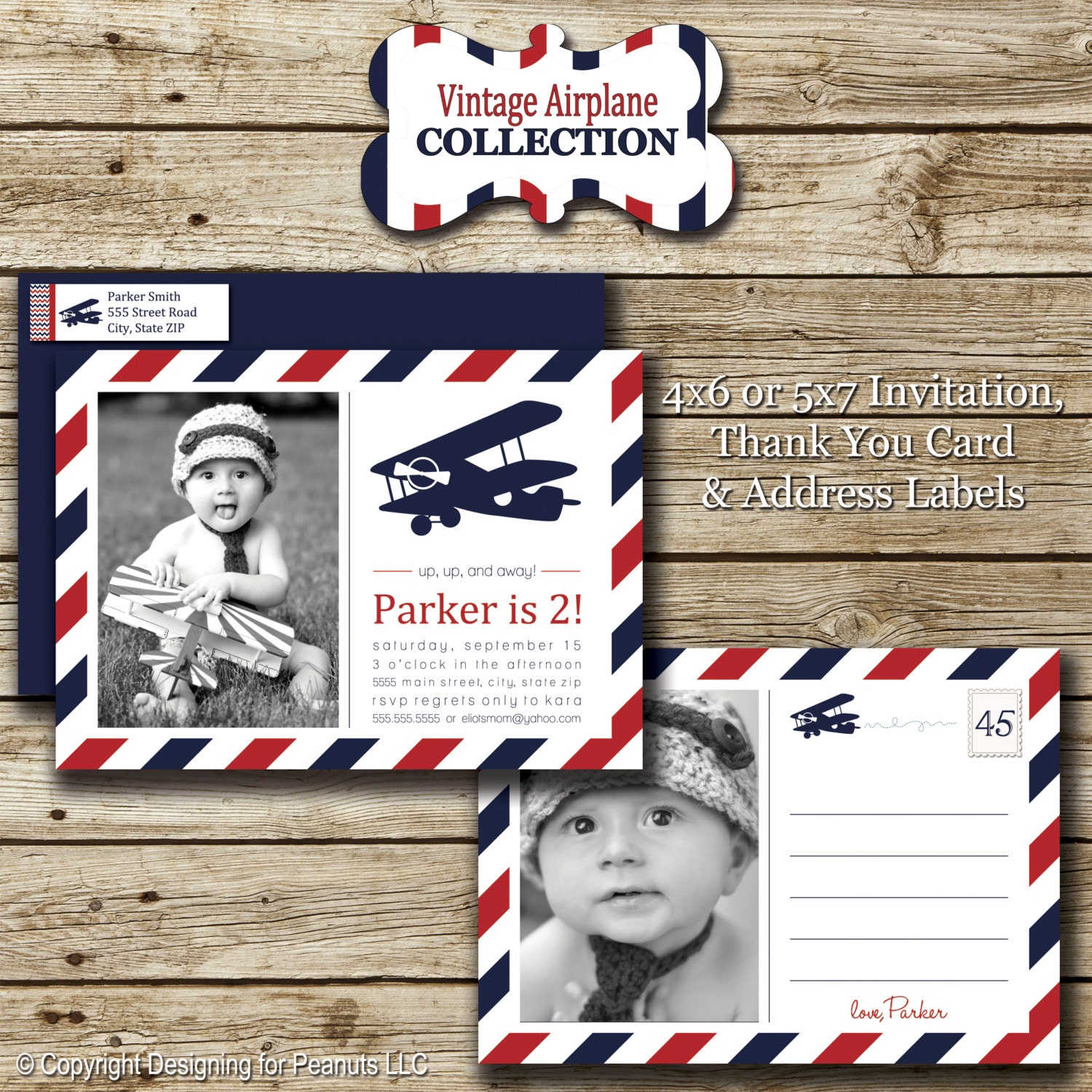 Vintage Airplane Birthday Photo Invitation, Thank You Card & Return Address Label set, navy blue and kelly green, printable, digital