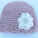 newborn / 0-3 month size pink crochet newborn hat with flower applique - shabby chic with pearls and crystal vintage style button -- EMMA