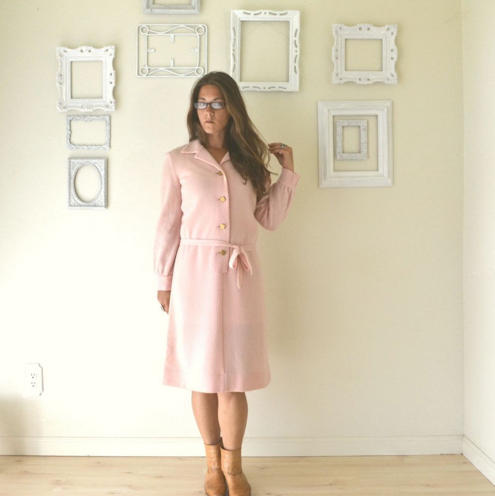 Wool Knit Dress Kimberly 1950s Mad Men Long Sleeve Pink Dress Medium Large Gold Button Front