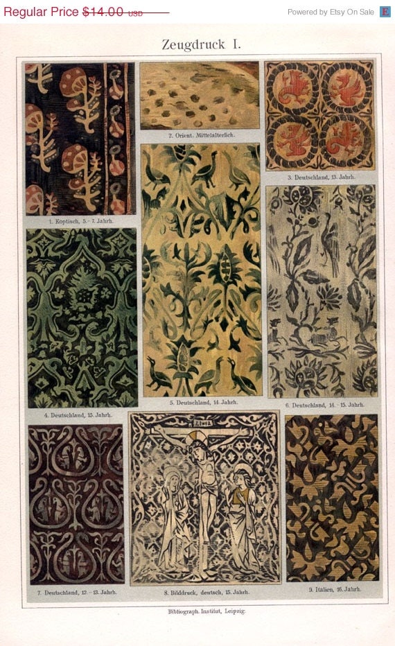 On Sale 15 % Off 1909 Vintage German Colorful Printed Cloth Textiles Chromolithograph Original Print