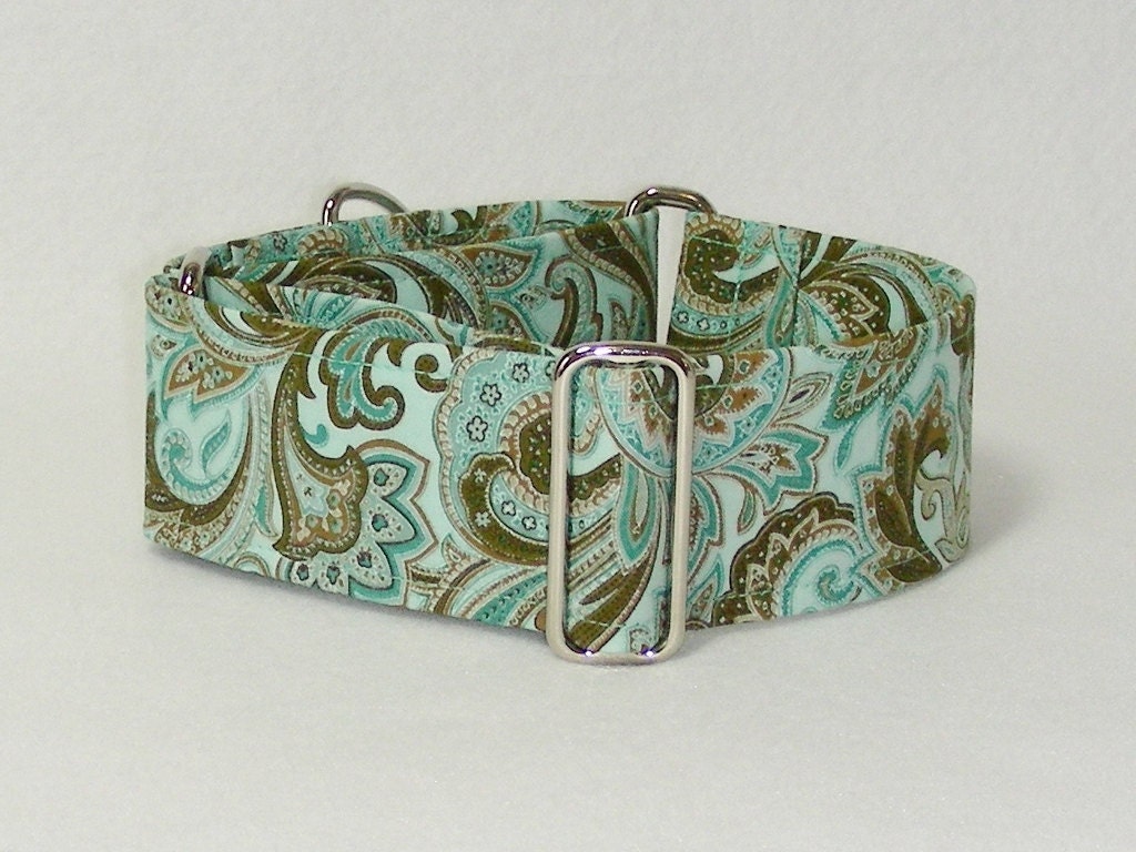 2 Inch Martingale, Greyhound Collar, Green and Gold Paisley
