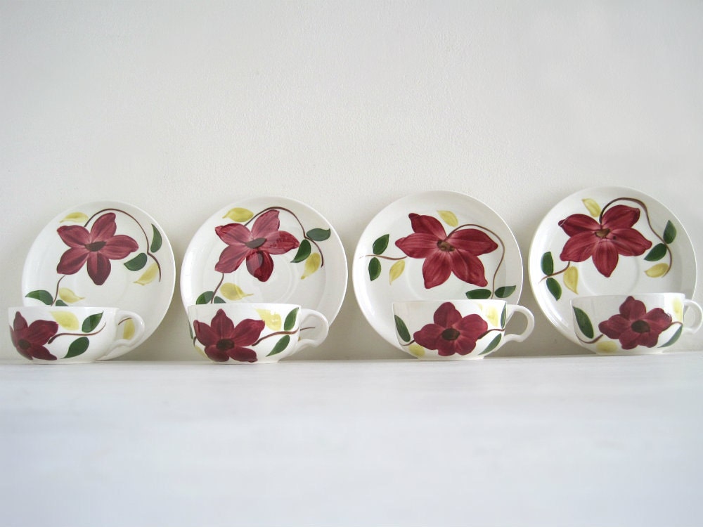 Vintage Red Floral China Cup & Saucer Sets - Cottage Chic