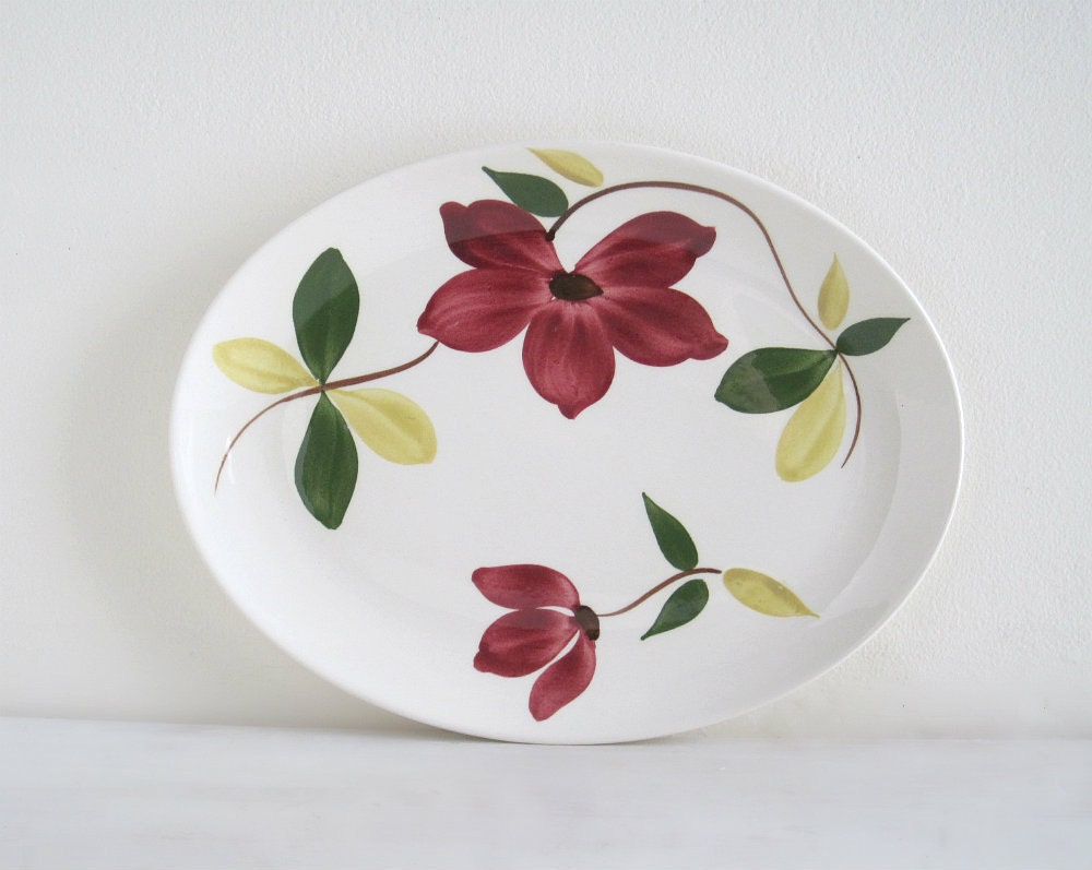 Vintage Red Floral China Platter - Cottage Decor