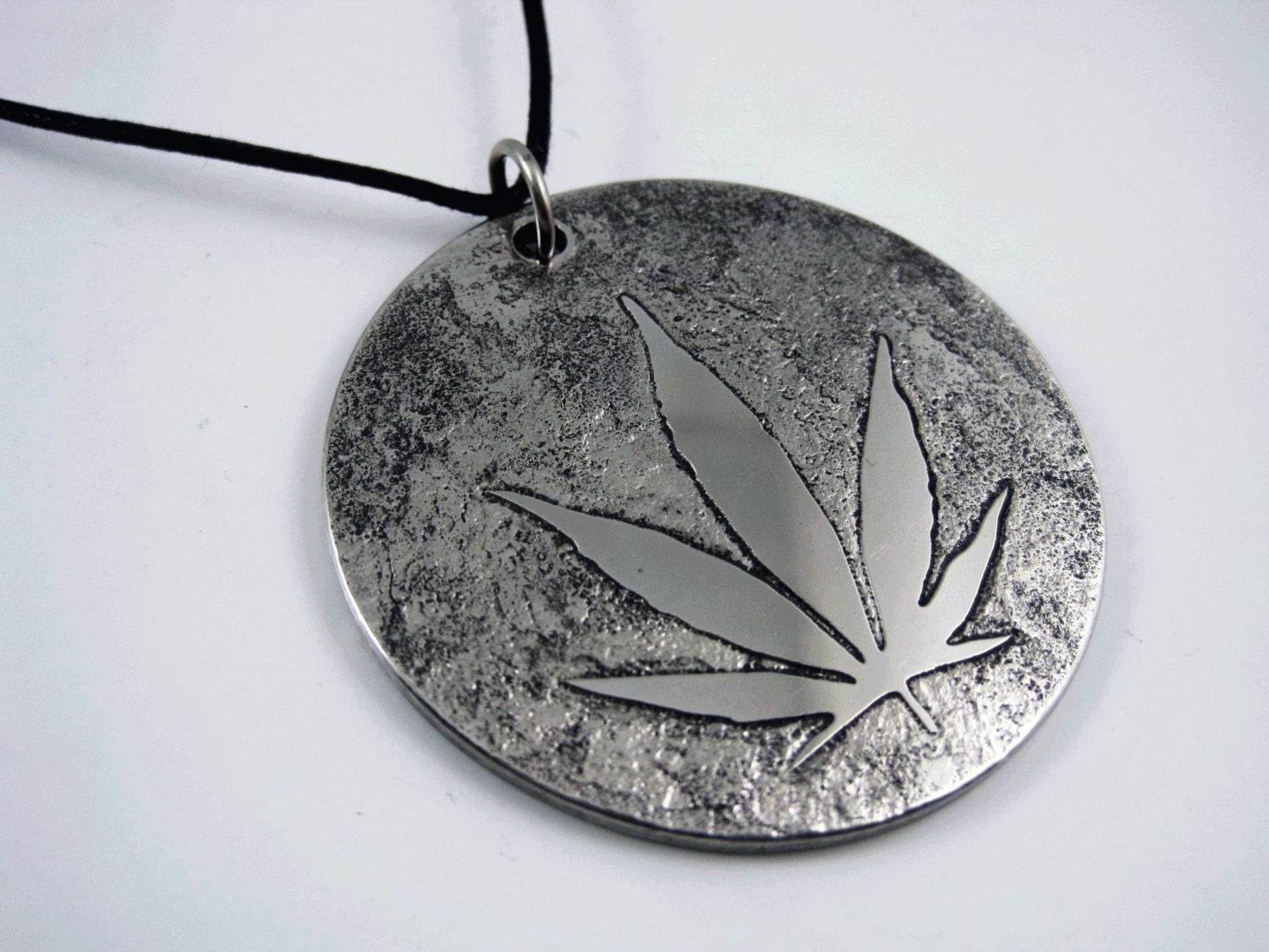 Cannabis Pendant - Etched Stainless Steel - Double Sided - Handmade