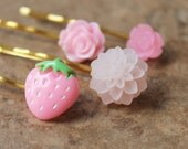 Set of 4 bobby pins with strawberry cabochon and bright flowers to match Colorful and sweet
