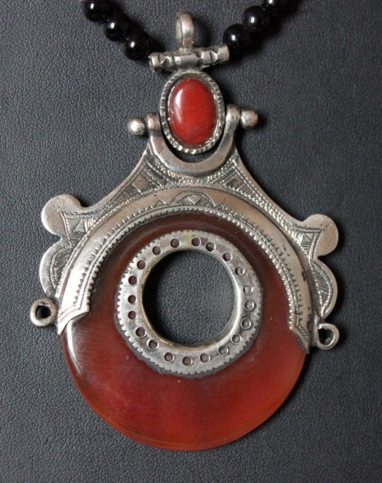 Huge Tuareg Circle Amulet with Carnelean Stone, Tuareg Silver