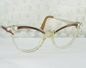 Vintage 50s Rhinestone Eyeglasses 1950s Cat Eye Glasses Pink and Silver Aluminum Browline Clear Century Optical Frame 44/20