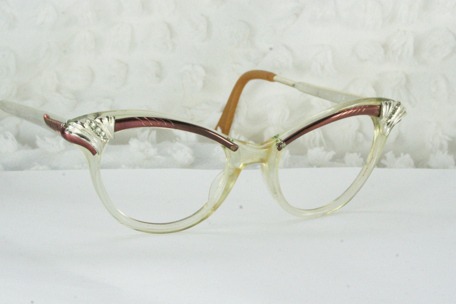 Vintage 50s Rhinestone Eyeglasses 1950s Cat Eye Glasses Pink and Silver Aluminum Browline Clear Century Optical Frame 44/20