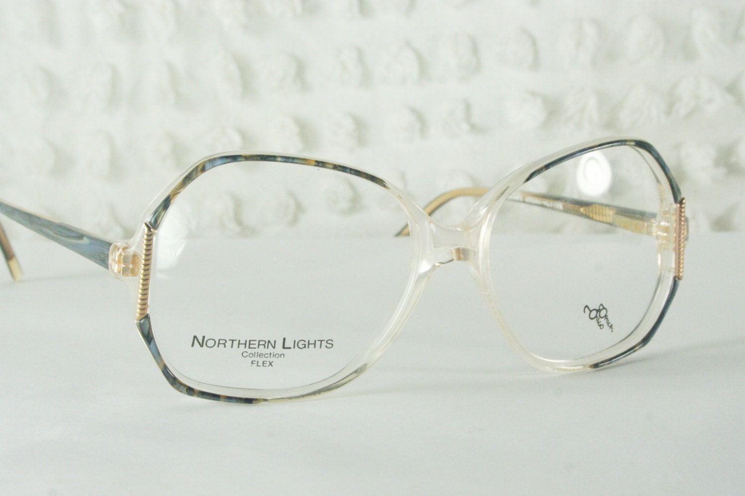 80s Glasses 1980's Oversize Eyeglasses Clear Blue Marble Horn Rim Gold Metal NOS 55/16 Northern Lights Otego Optical Frame