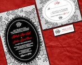 Lace Wedding Invitation Suite with RSVP cards and address labels - Red and Black - Custom Romantic Invites