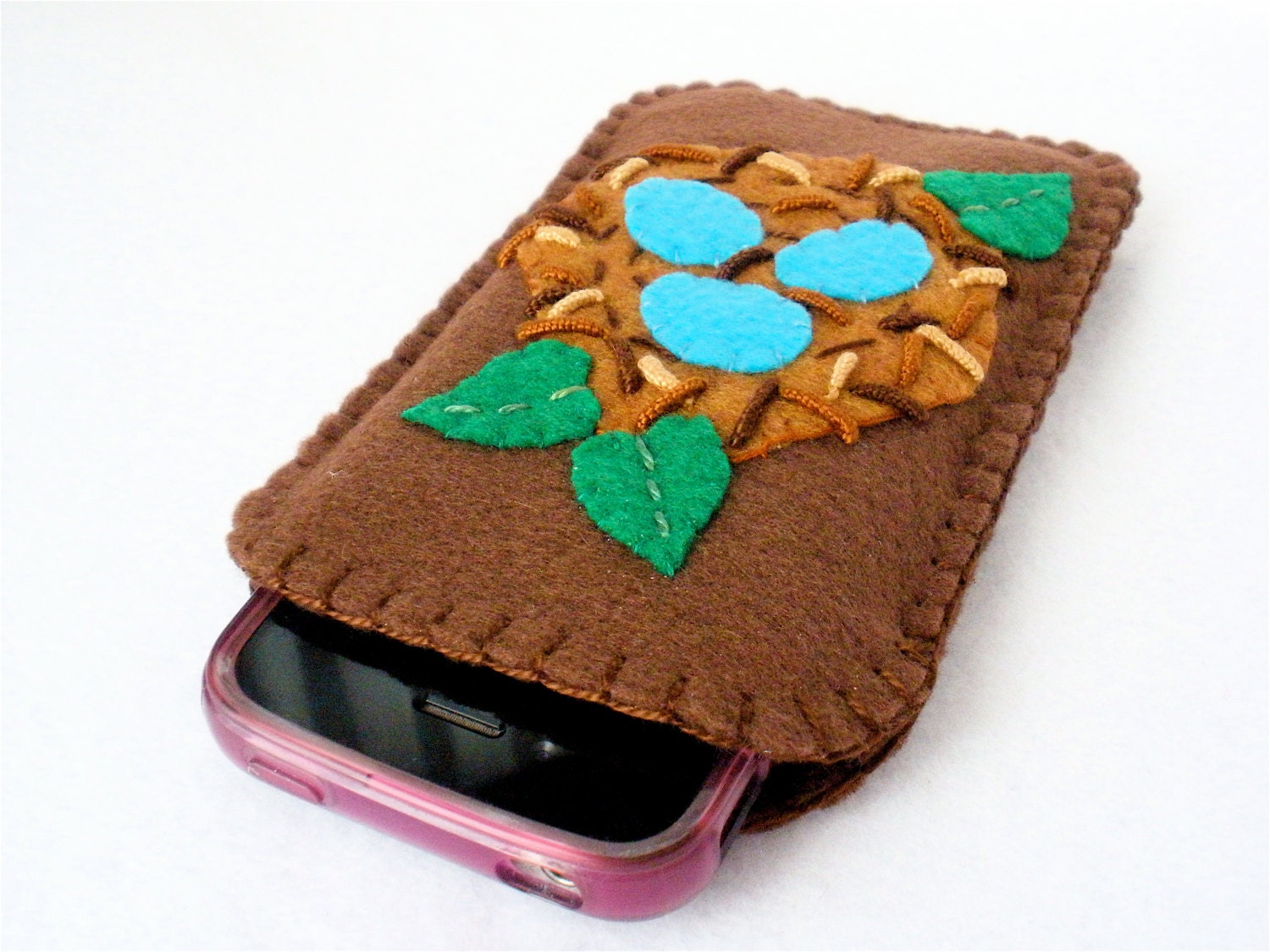 Robin's Nest Iphone5 Case Felt Hand Stitched Brown Robin's Eggs