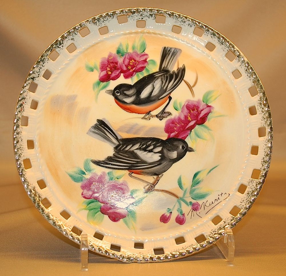 Vintage Hand painted Bird Plate by Ucagco Ceramics Artist signed made in Japan