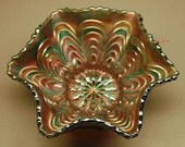 Vintage "PEACOCK TAIL" green carnival glass Bon Bon by the Fenton Glass Co.