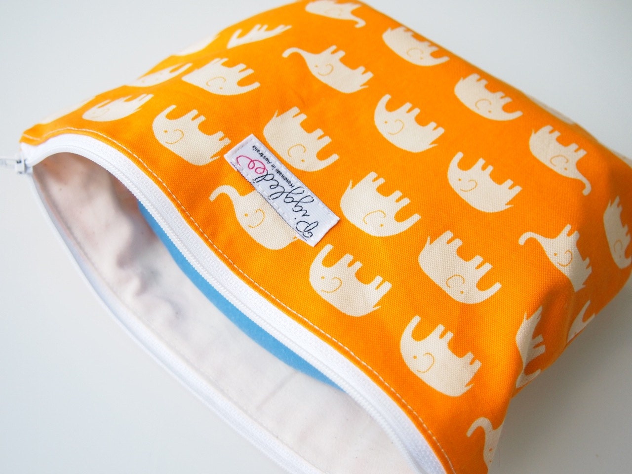 Large Zippered Wet Bag Pouch  - Orange Elephants