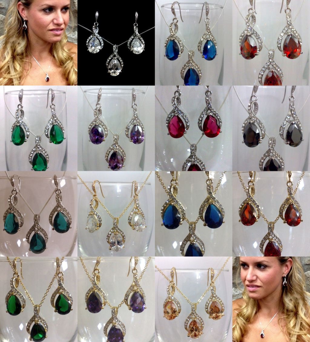 Custom Color Bridesmaids Earrings and Oval Teardrop Bridal Necklace, Wedding Party Jewelry, TWIRL SET (1 only)