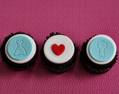 Fondant Wedding Bride, Groom and Heart Cupcake Toppers for Decorating Engagement or Wedding Cupcakes