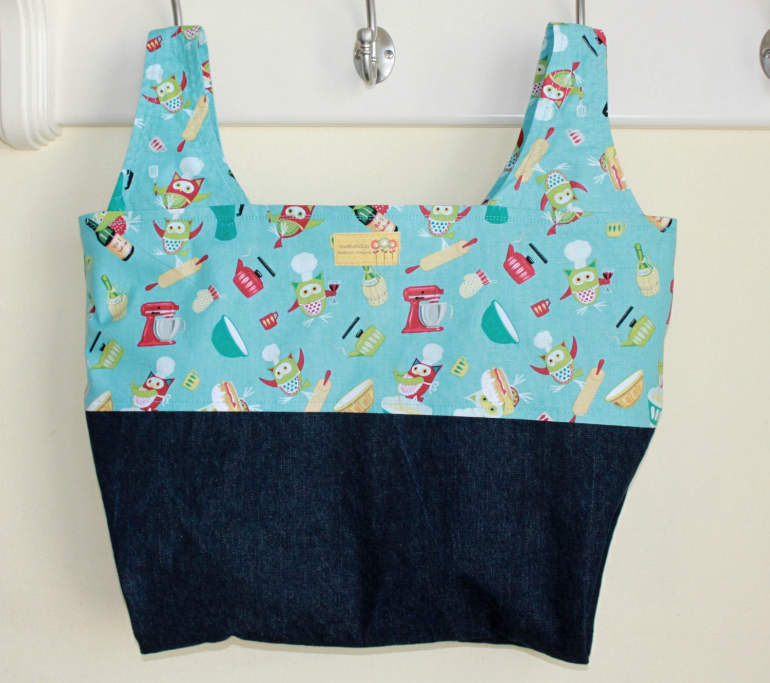 Kitchen Owls Dark Denim Reversable Market Tote Grocery Bag