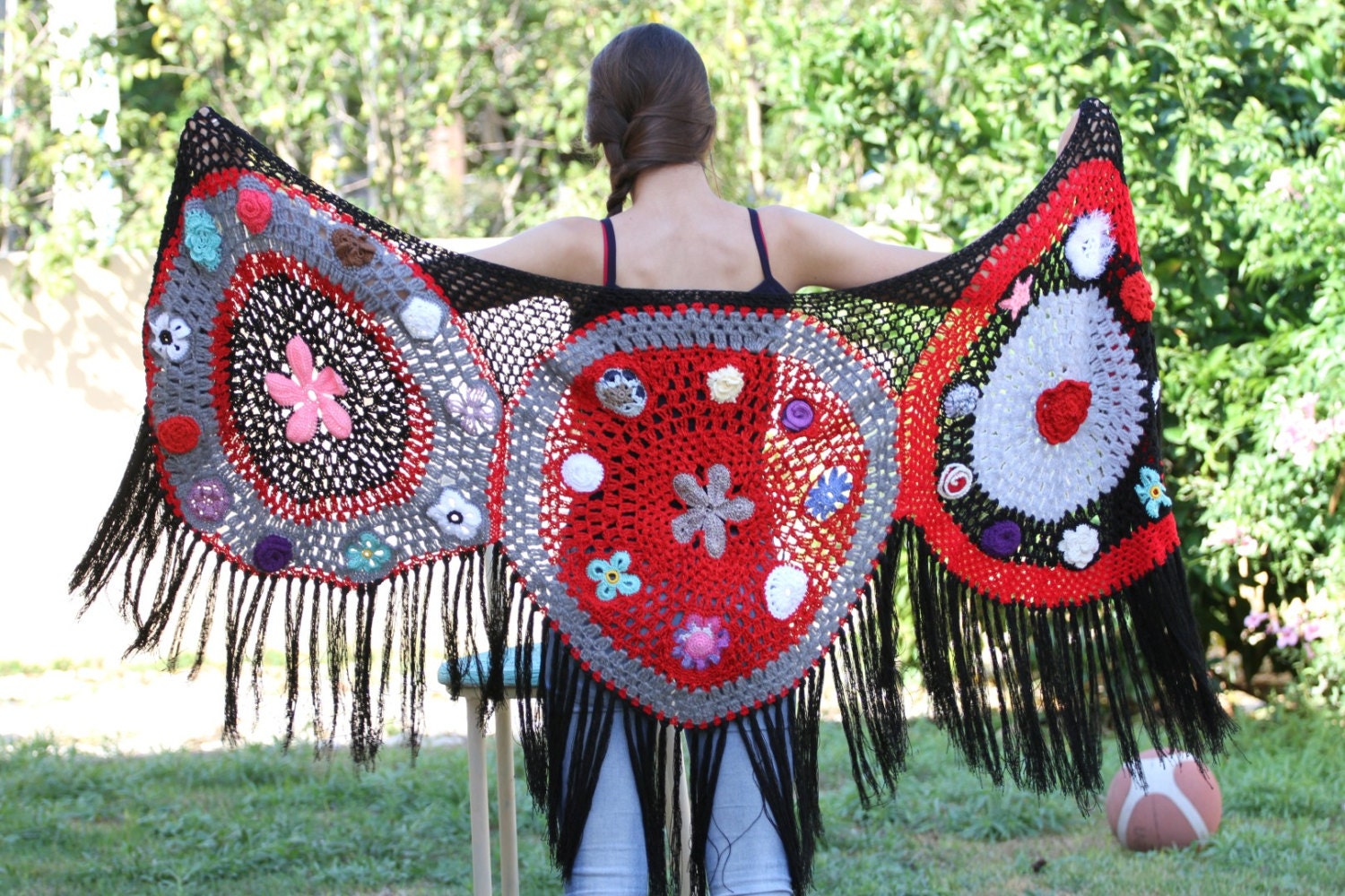 Large Crocheted Floral Shawl, Black Hand Knit Shawl, Womens Knit Evening Wrap