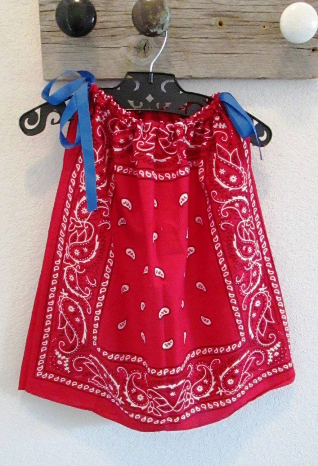 red bandana pillow case dress with ribbon straps for toddlers to 5t...can be adjusted to fit babies.