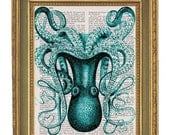 Octopus Print Large Teal -  Vintage Dictionary Print - 8x10