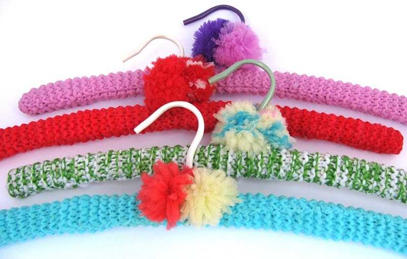Granny Chic Crochet Covered Coat Hangers. Set of 4. Great Colours. Complete with Pom Poms.