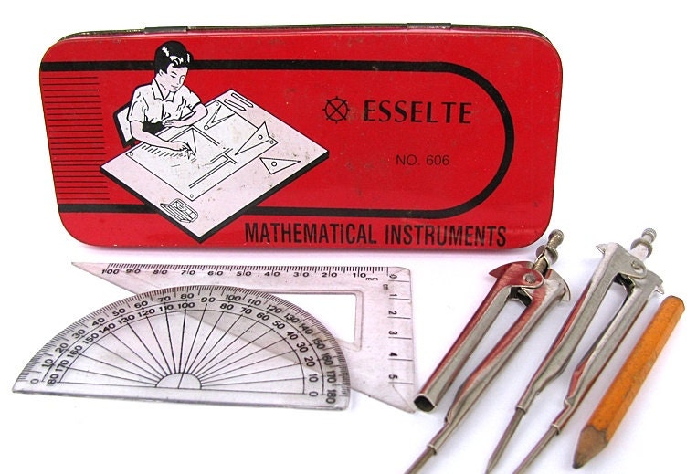 Vintage Red Metal Stationery Box. Complete with Mathematical Tools including Set Square, Compass and Wood Pencil.
