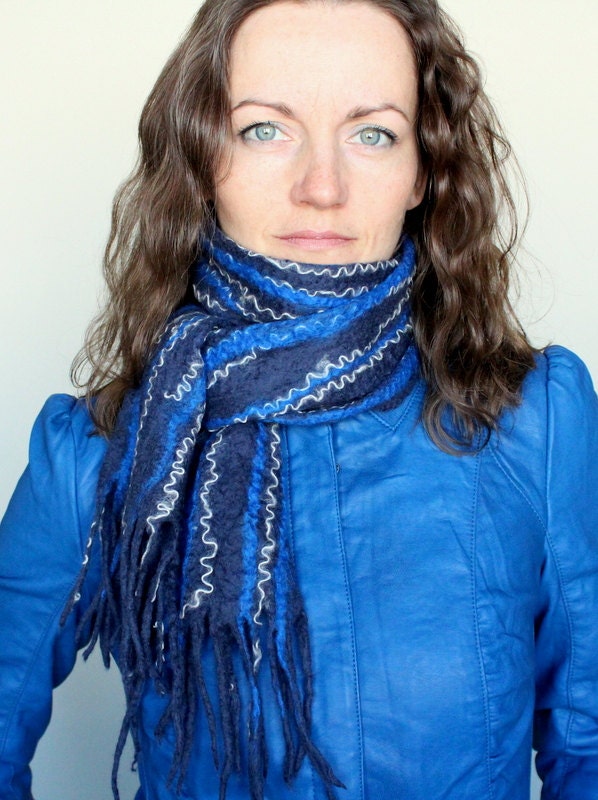 Felted scarf cobweb felted scarf blue white stripes