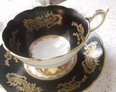Antique gold dragons tea cup, Vintage 1950's Royal Stafford English tea set, black and gold bone china tea cup, black tea cup