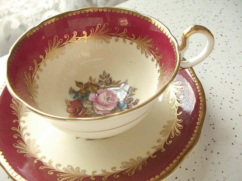 Antique Aynsley tea cup set, JA Bailey artist signed, vintage 1930's English tea cup and saucer, red and gold bone china tea set