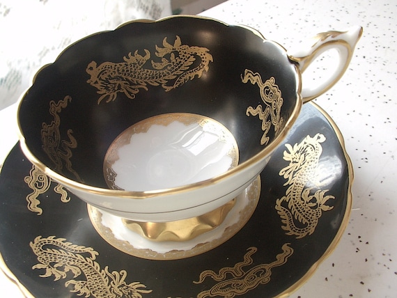 Antique gold dragons tea cup, Vintage 1950's Royal Stafford English tea set, black and gold bone china tea cup, black tea cup