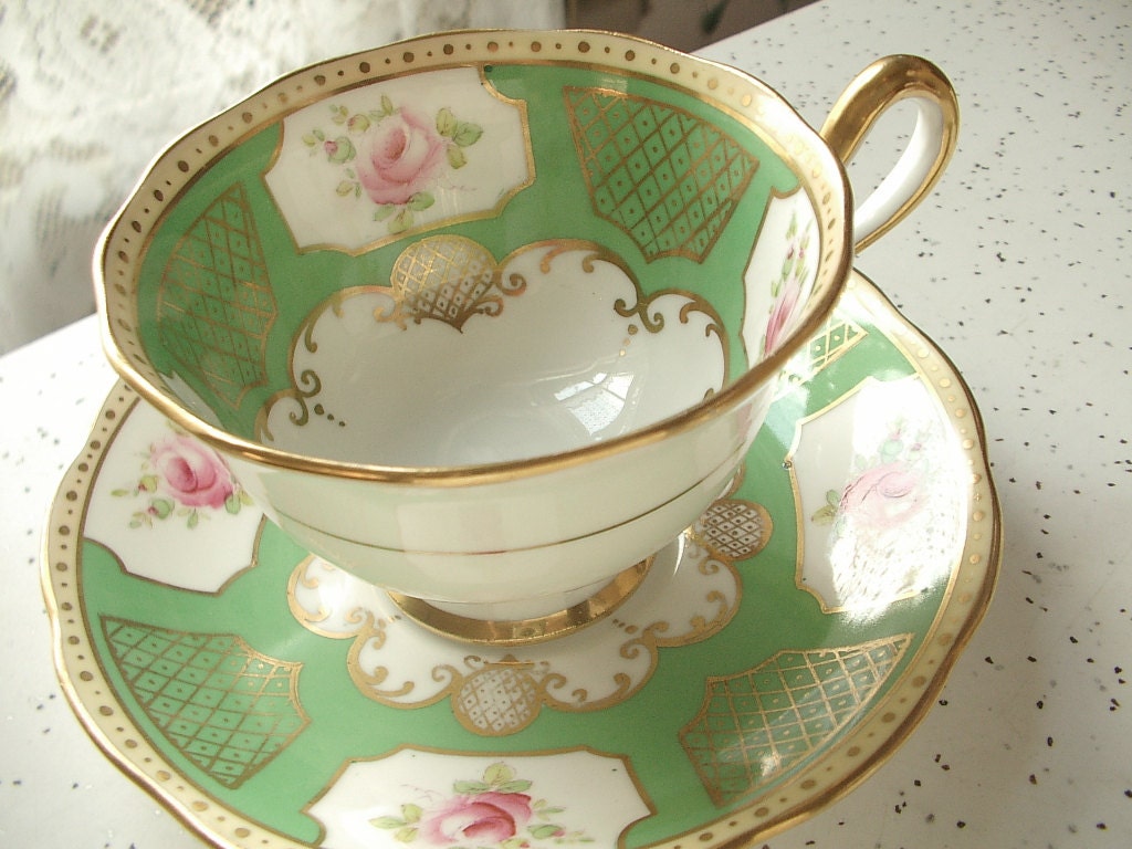 Antique 1920's hand painted tea cup set, vintage Royal Albert green tea cup and saucer, pink roses English tea set, green gold china cup
