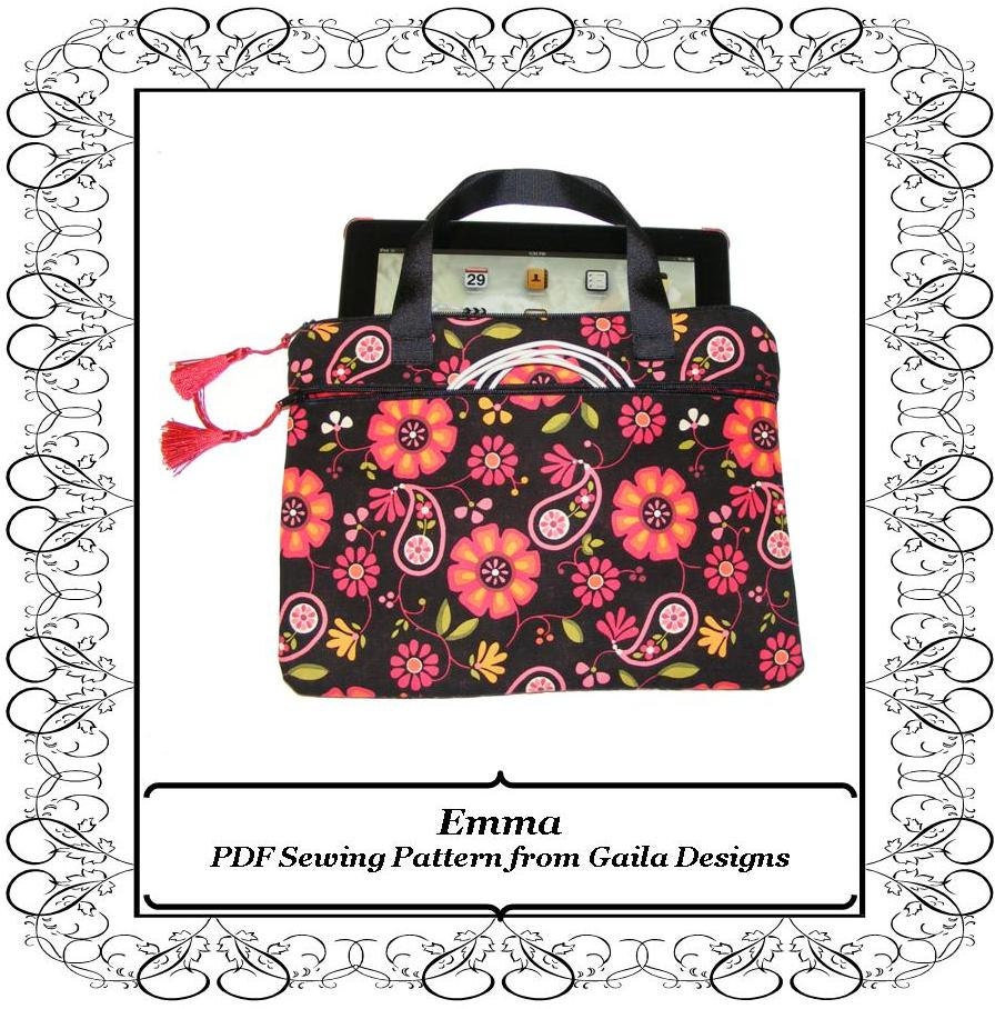 iPad 1, 2, 3or 4 case cover PDF sewing pattern tablet Kindle HD 10" padded handles zipper pocket "Emma"