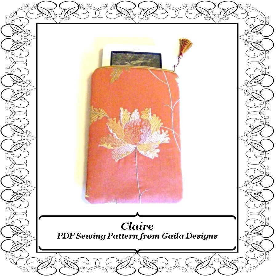 PDF Sewing Pattern Kindle, Kindle Fire, Nook, Nook color, Sony, Kobo case cover with zipper, padding, fully lined "Claire"